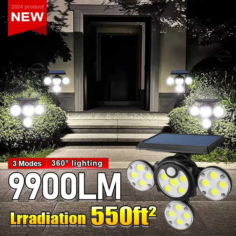 

9900LM High Power LED Solar Light Pluggable With Human Motion Sensor External Waterproof Solar Light 4 Rotatable Lamp Heads