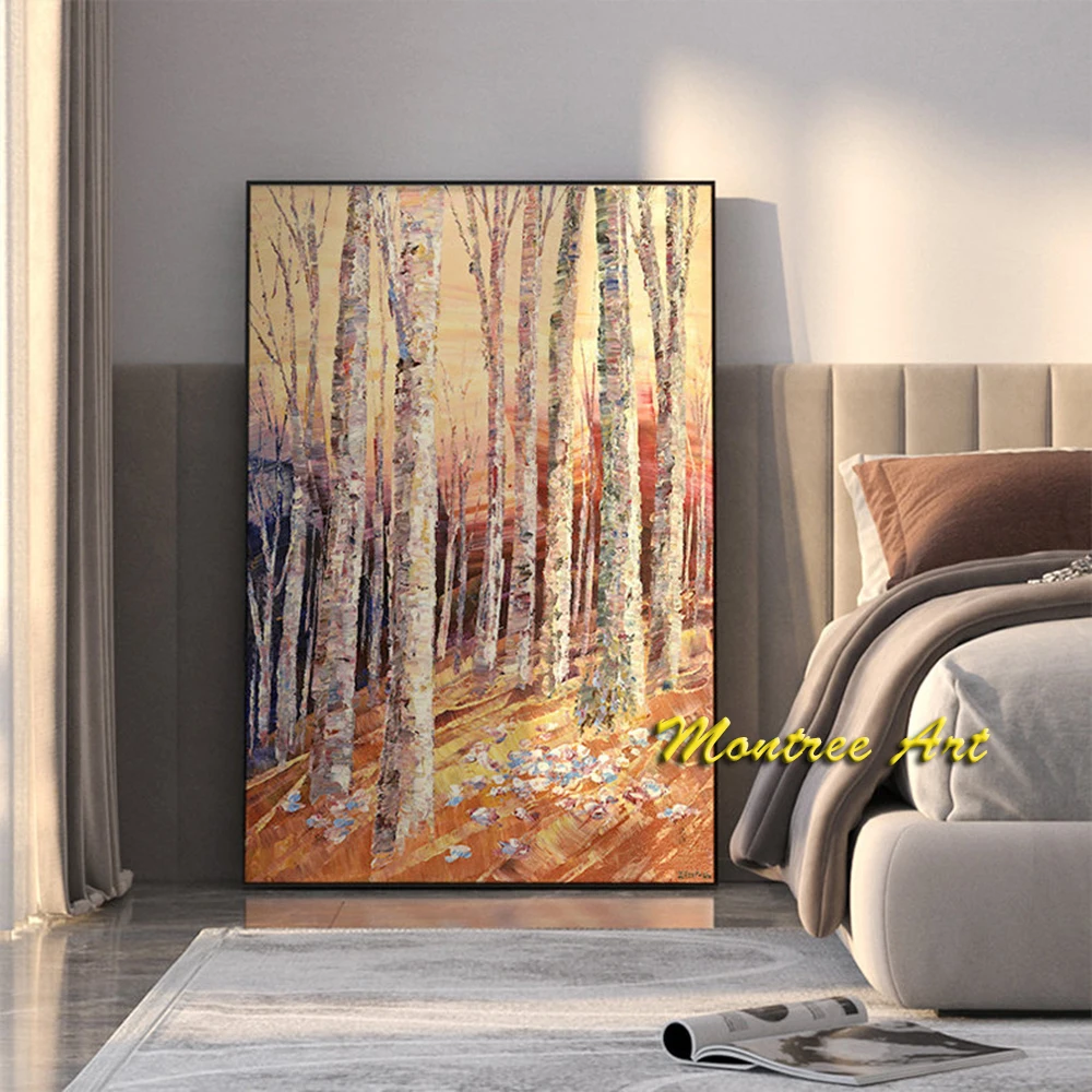 Hand Painted Oil Painting Brush Stroke Contemporary Forest in Autumn Minimalist Abstract Wall Art Extra Large Modern Decorative