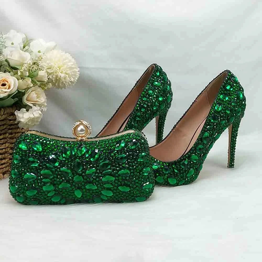 2024 New Green Pointed Toe Party Dress Shoes With HandBag Rhinestone Wedding Shoes and bag Women Crystal High Pumps Thin Heel