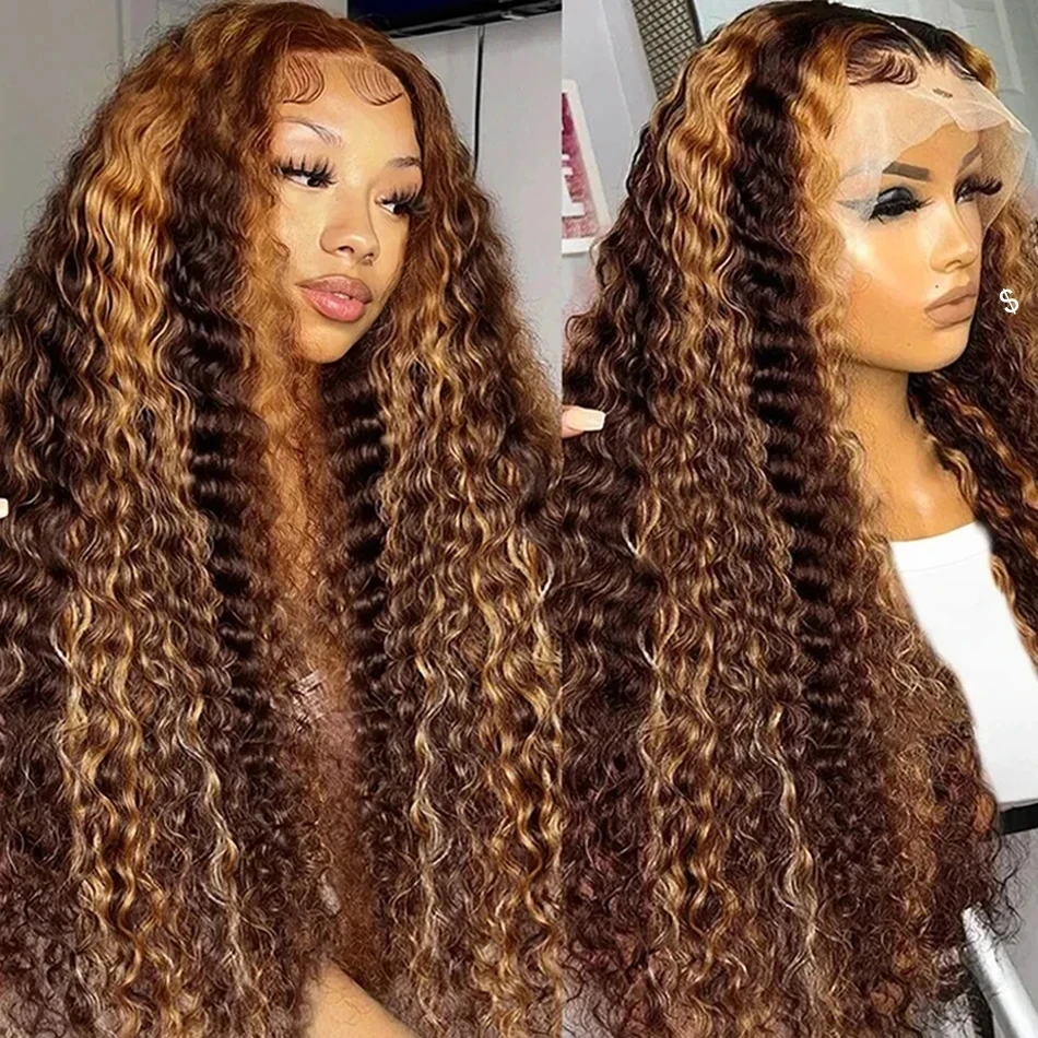 HD Transparent Highlight Wig Human Hair Honey Blonde Lace Front Wigs For Women Curly Human Hair Wig Deep Wave Lace Frontal Wig ﻿