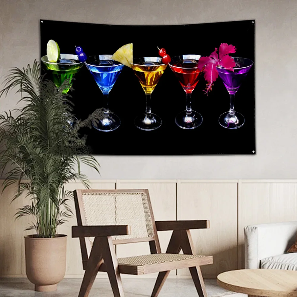 Vintage Colorful Cocktail Flag Polyester Digital Printing Banner 4 Sizes for Garage Wall Art Out Door Decoration