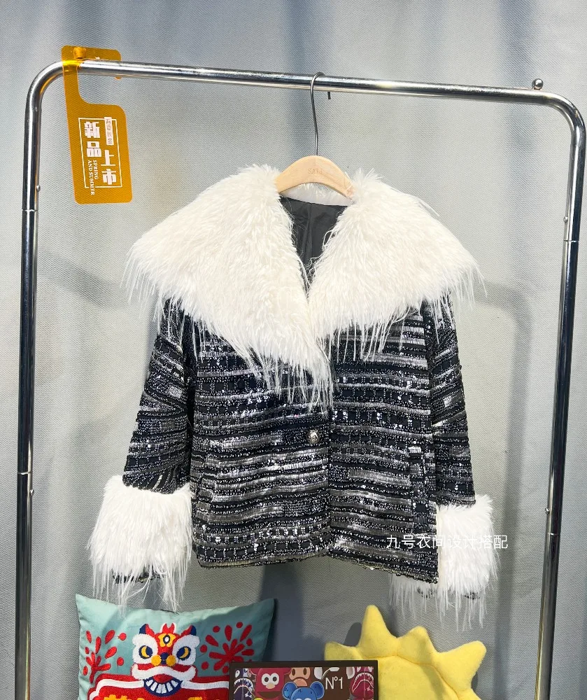 2025 Winter New European Style Faux Fur Coat Lady Fashionable Korean Version Heavy Sequin Loose Short Coat for Women