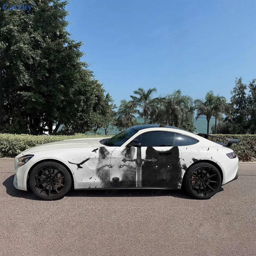 2pcs Twin Wolves Giant Sword Raven Car Side Wraps, Self-Adhesive PVC Waterproof & Scratch-Resistant Stickers, Car Accessory Gift