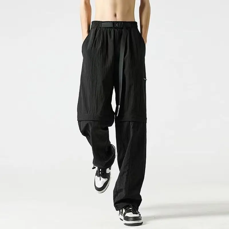 Straight Trousers Detachable Summer New Men's Patchwork Zipper Elastic Drawstring Pockets Fashion Loose Casual Two in One Pants