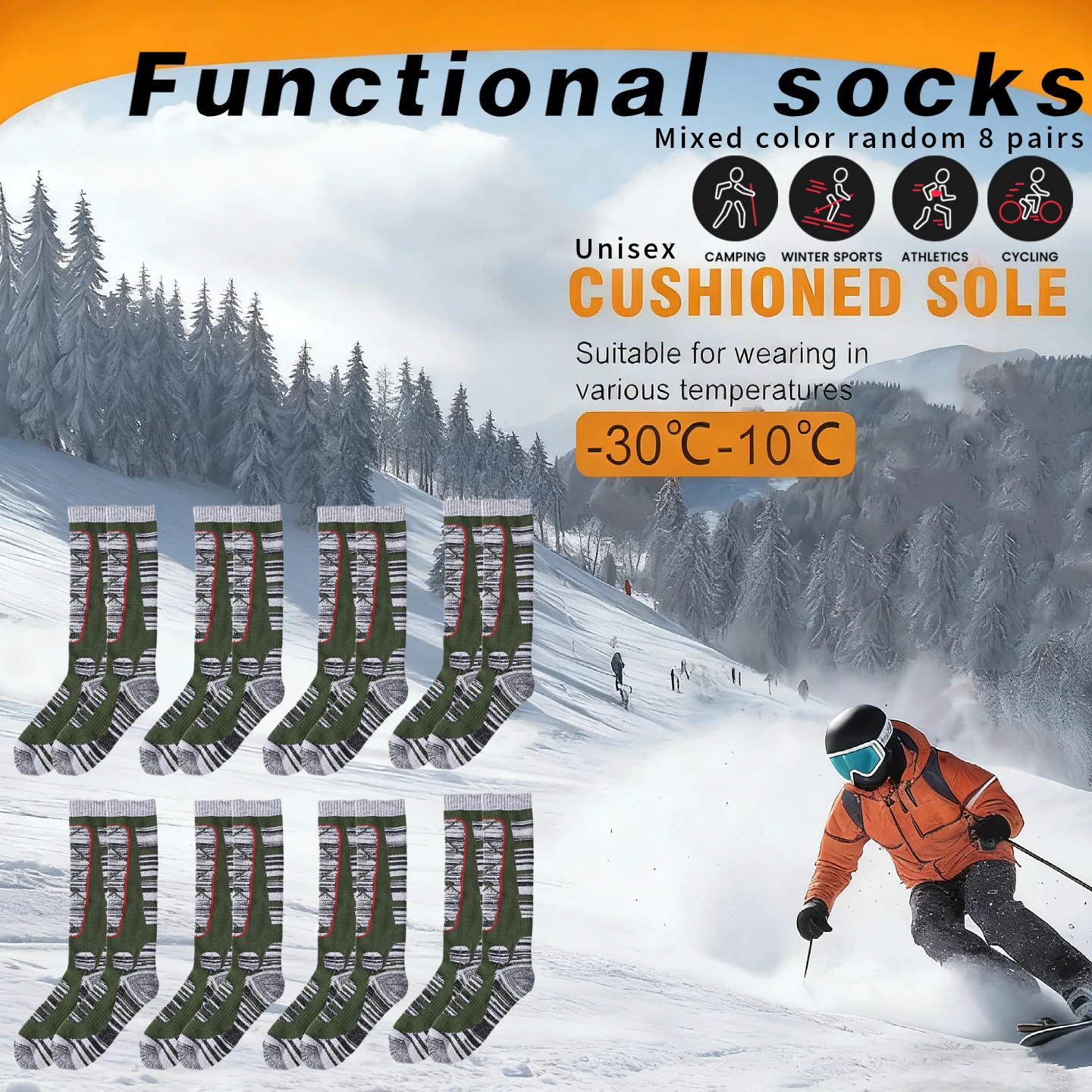 8 пар лыжных носков, мужские и женские теплые носки с длинными трубками, спортивные зимние носки с толстым полотенцем, походные носки, носки для выступлений