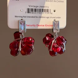 Vintage Red Pomegranate Dangle Earrings with Zircon Stone, Elegant Ear Drops Accessories for Women