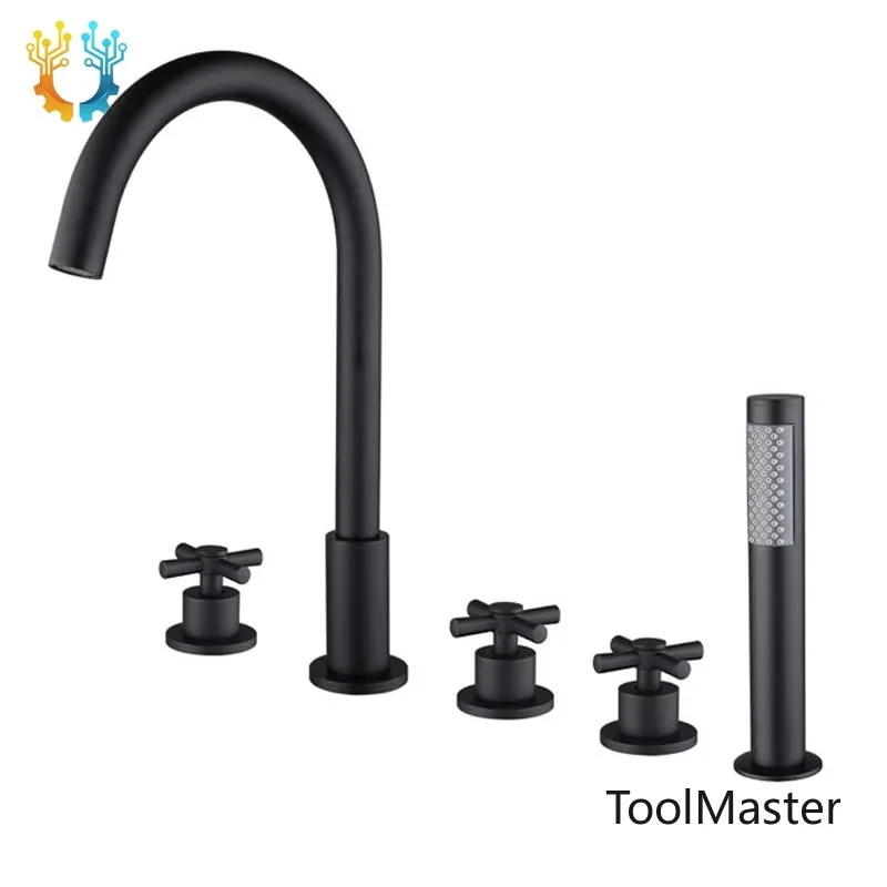 

【2026】Black Chrome Finished Brass Bathtub Faucets Mixer Bath Tub Deck Mounted 5 Holes Hot Colder Water Crane With Hand Shower