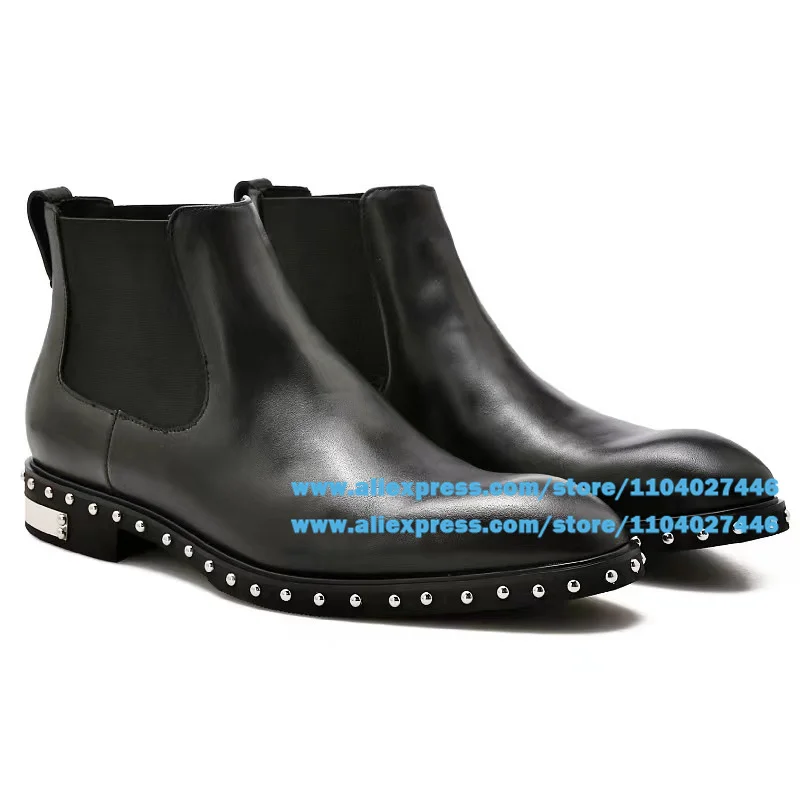 Rivets Trim Men's Boots Black Leather Elastic Band Slip On Wear-Resistant Booties Trendy Luxury Handmade Botas Men's Shoes