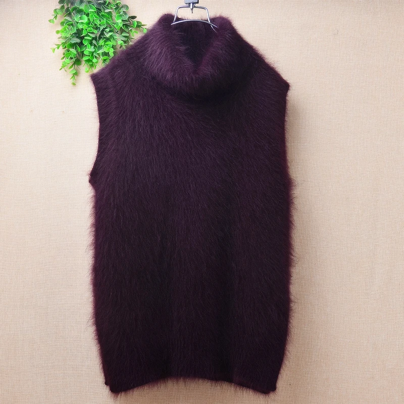 04 Ladies Women Fall Winter Clothing Hairy Angora Rabbit Hair Knitted Sleeveless Turtleneck Slim Blouses Vest Mink Fur Sweater