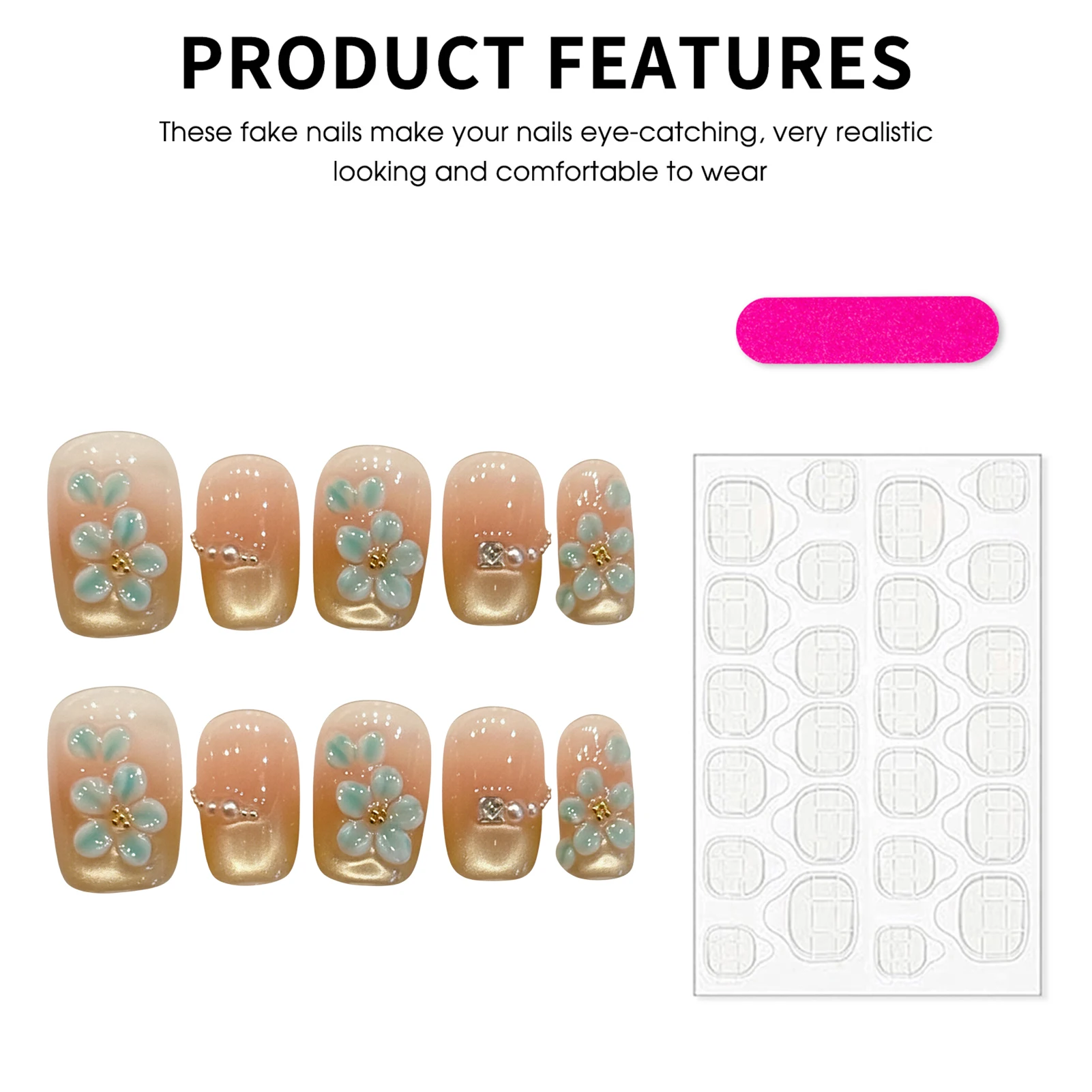 Handmade Fake Nails 10pcs Wearable Artificial Nails Pink Gold Gradient False Nails Green Glaze Flowers Designs Press On Nails