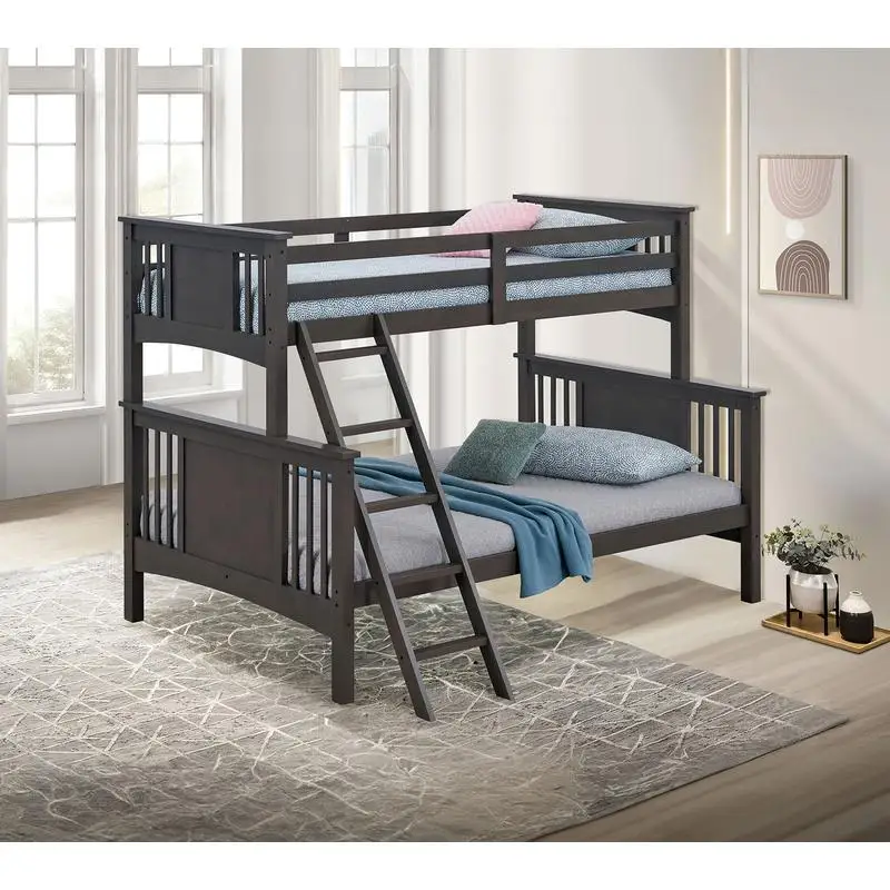 Modern Twin Over Full Bunk Bed with Ladder in Grey Finish - Versatile Space-Saving Design for Kids' Rooms