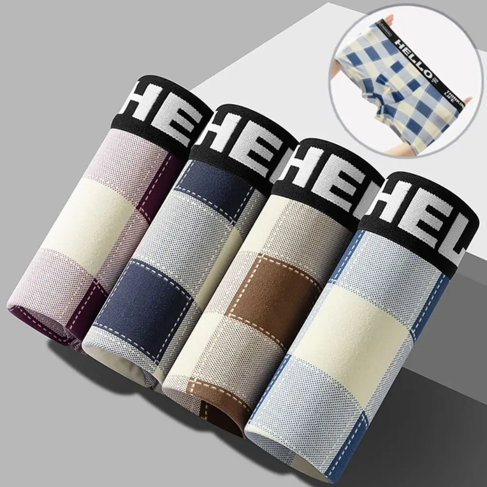 

5PCS Fashion Striped Grid Men Underwear Plaid Mid-Waist Boxer Shorts Elastic Breathable Seamless Panties Male