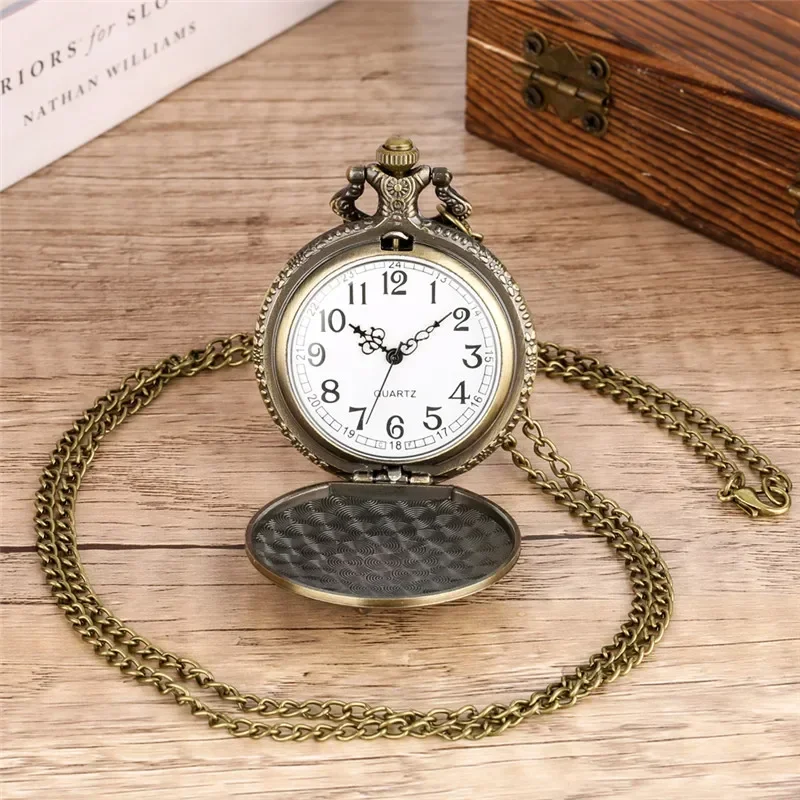 Bronze Hollow Out TBILISI GEORGIA Design Men Women Quartz Analog Pocket Watch Arabic Number Necklace Pendant Chain Timepiece