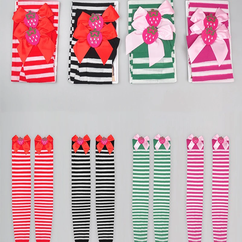 New Fashion Women Striped Thigh High Socks 3D Bow Strawberry Lolita Kawaii Cosplay Christmas Boot Socks Hot Sale