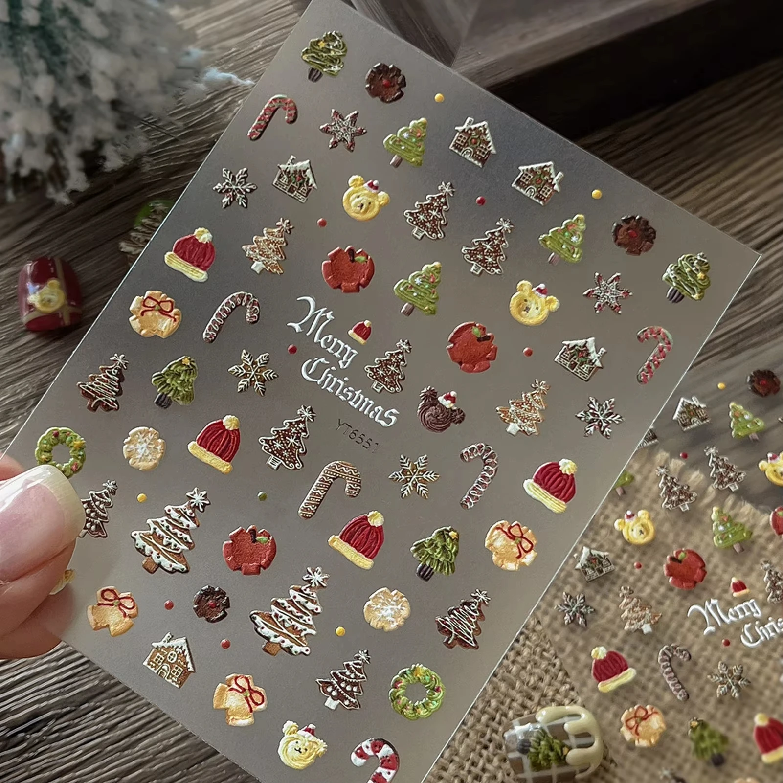 Christmas Embossed Nail Stickers: Christmas Tree/Cookie Pattern, Self-Adhesive Nail Stickers Perfect For Christmas Use