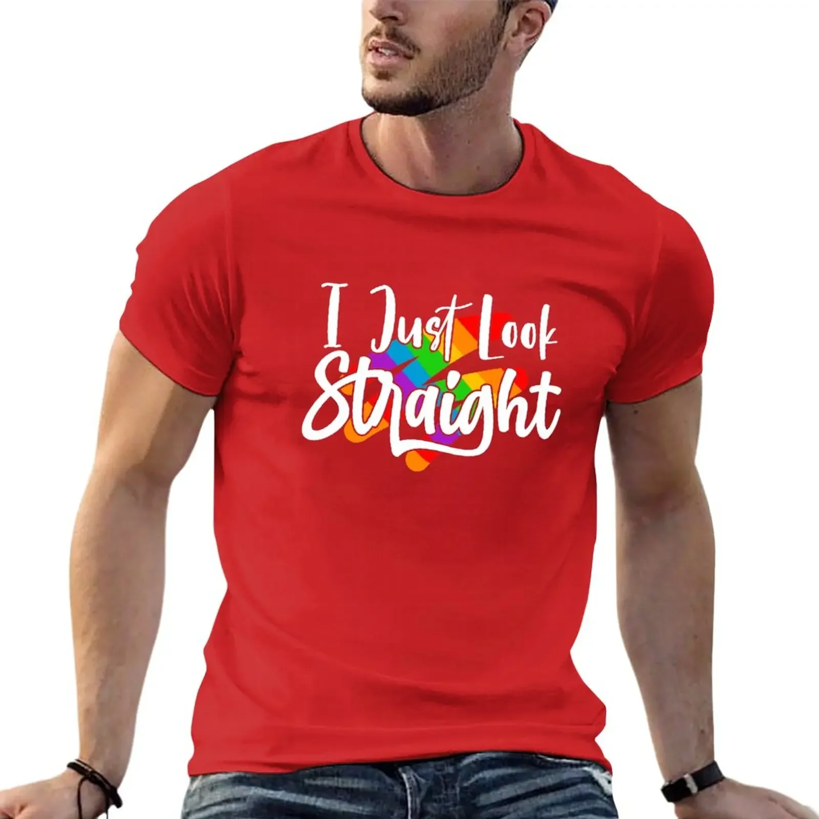 I Just Look Straight T-Shirt blacks tops plain black t shirts men anime clothes new in tops & tees heavyweight Male Cartoon