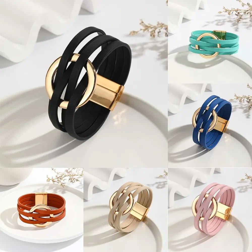 Bohemian Style Leather Bracelets Adjustable Wrap Closure Leather Surface Multilayer Wrap Bracelet Hollow Circle Bracelet