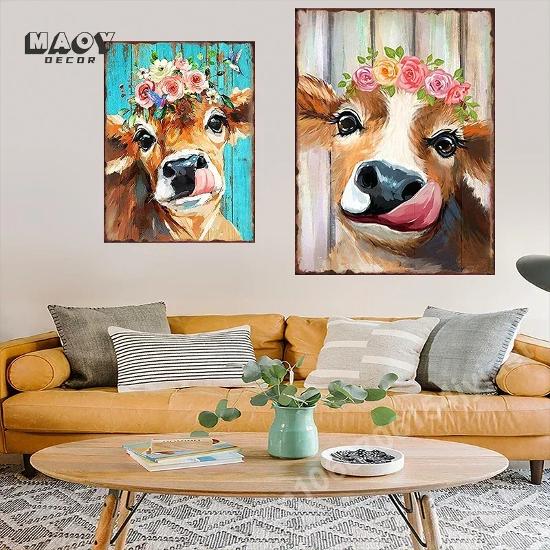 Fun Cattle Iron Plate Poster Farm Metal Tin Sign Pet Shop Garden Hanging Paintings Cute Cow Pattern Home Wall Decoration Plaque