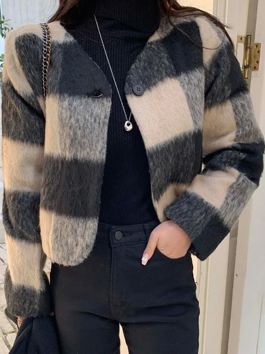 Retro V-Ne Plaid Woolen Coat Women Chic Winter Cotton Lined ort Design Suitabili for All Ages And Body pes