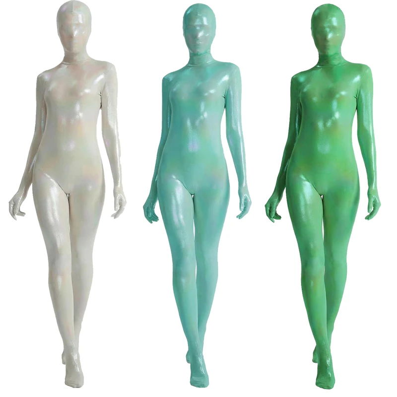 Women Shiny Gradient Zentai Bodysuit High Elastic Glossy Oil Shine Tight Yoga Shaper Cosplay Full Body One Piece Jumpsuit