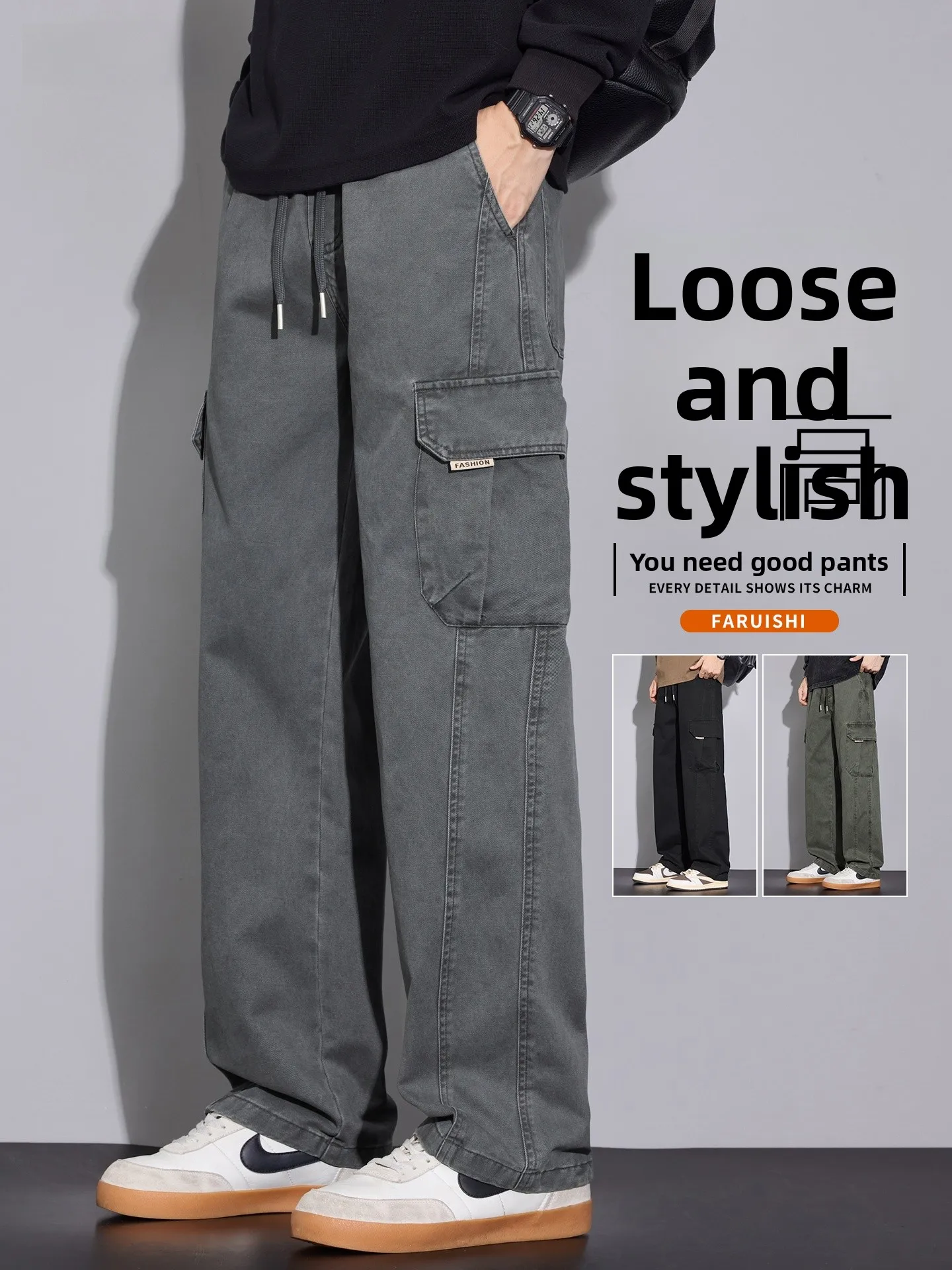 

Мужские свободные прямые хлопковые рабочие брюки в американском стиле, весенняя новинка, молодежные спортивные повседневные брюки, удобные и мягкие, для комфортной носки