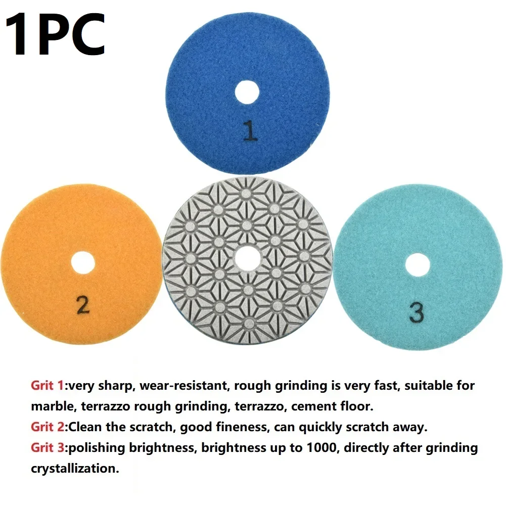 1pc Granite Polishing Tools 4 Inch 100mm Dry/wet Diamond 3 Step Polishing Pads High Density Pregnant Diamond Chips-Pads