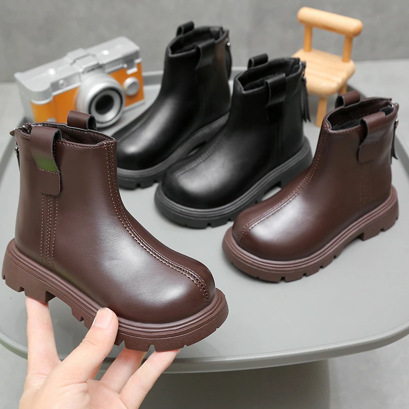 2025 New short boots warm short boots Children's winter leather boots girls' and boys' warm boots
