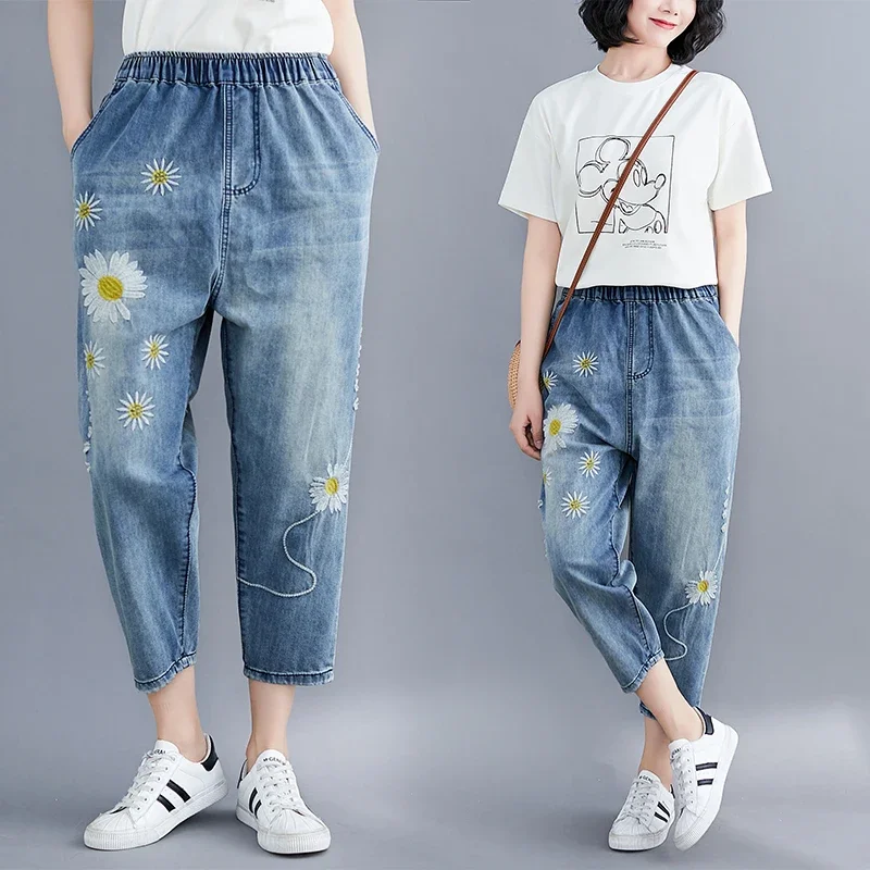 Aricaca Summer Fashion Style Ladies Vintage Embroidery Jeans Women Casual Floral Denim Trousers Ripped Harem Pants