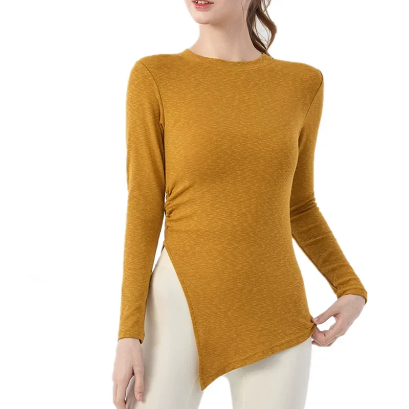 Autumn Sports Outer Wear Long-sleeved Blouse Covering Buttocks for Women Pleated Slit Casual Fitness T-shirt Pilates Yoga Wear