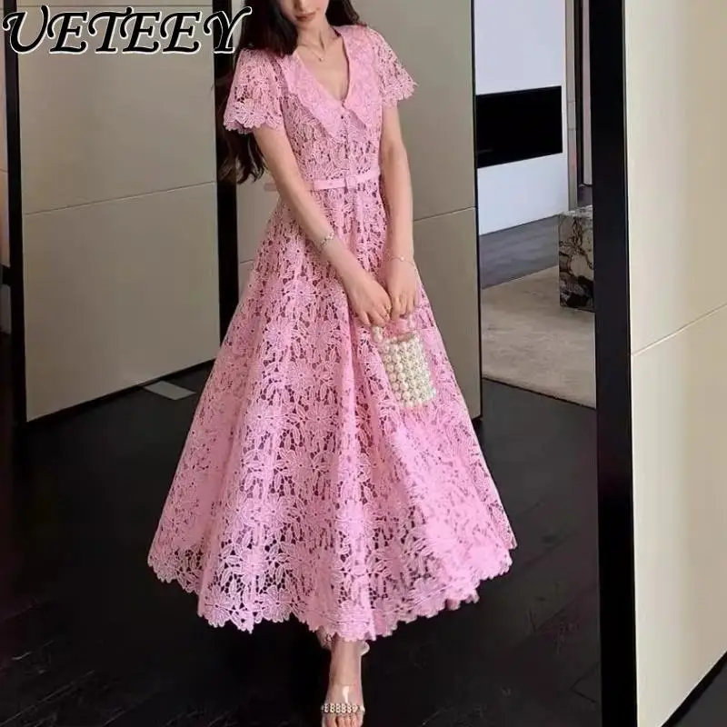 

French Minority Embroidered Porous Pink Lapel Sweet Long Dresses Lace Waist Slimming Elegant Large Swing Mid-Length Dress