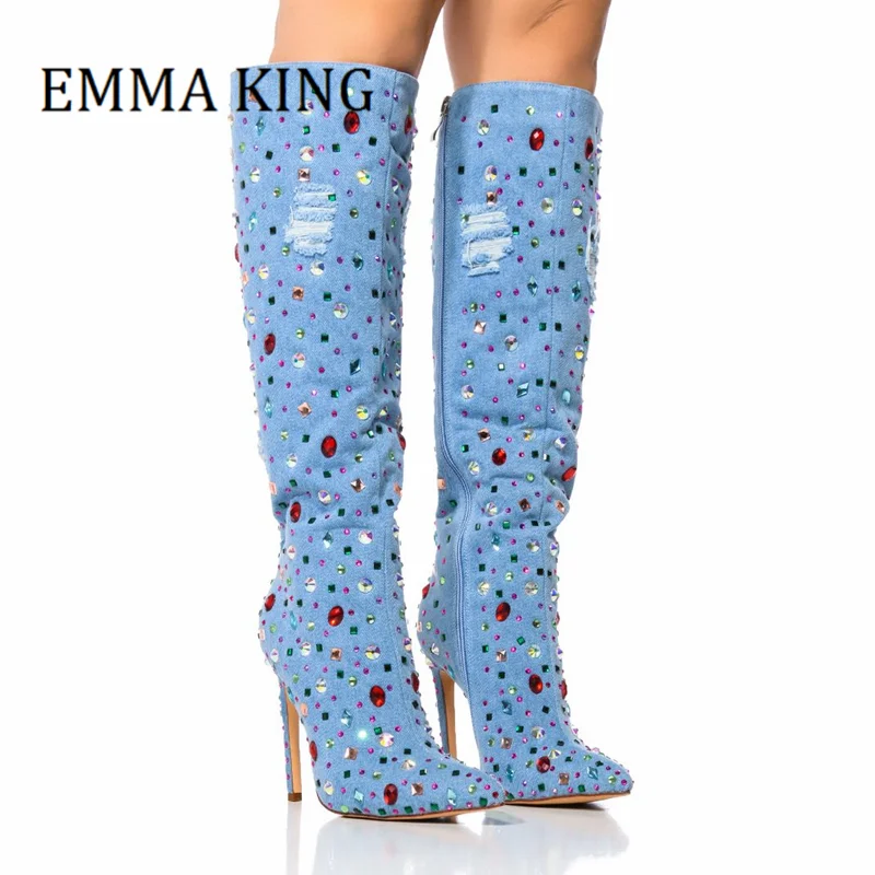 

Women Denim Gemstone Knee-high Boots Sexy Pointed Toe Colorful Rhinestone Long Boots Female Bling Catwalk Nightclub Booties 44