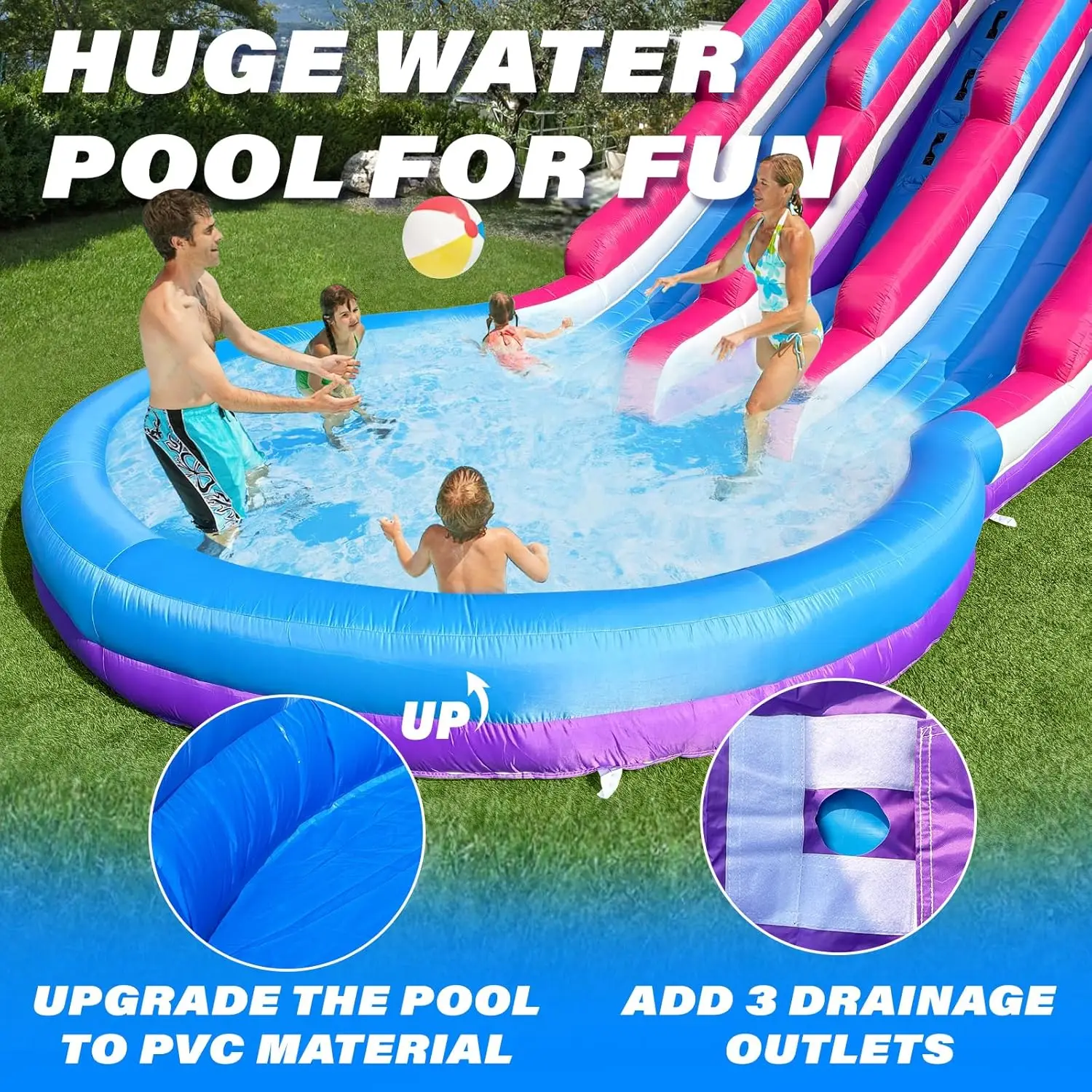 Huge PVC Inflatable Water Slide with Water Tube and Blower, 20.6 x 10.5 x 9.45 Feet, Double Slide, Wet and Dry Pool for Kids and Adults All Ages, Perfect for Summer Party Games, Pink