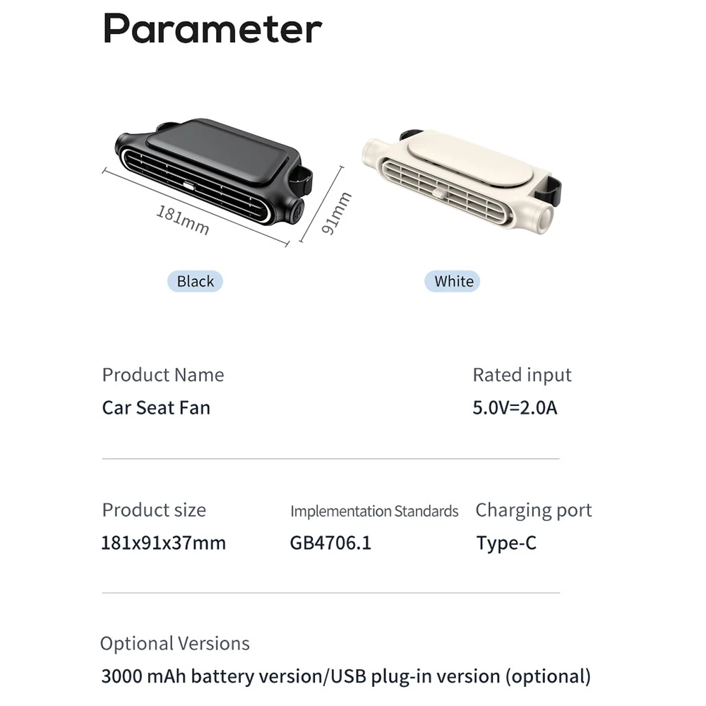 Ventilador de assento de carro sem lâmina, recarregável por usb, bateria de 3000mah, descanso de pescoço, ventilador de resfriamento para banco traseiro, acessórios de carro sem ventilação, presente