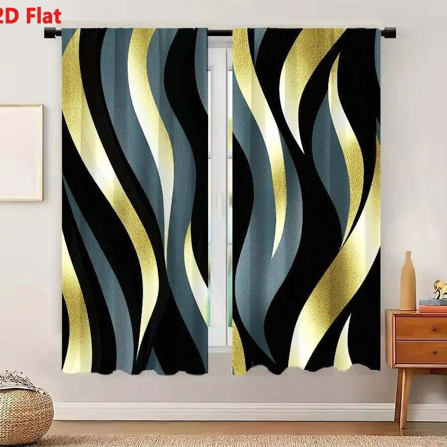 2Pcs Curtains 2D Flat Abstract Wavy Flowing Lines Pattern With Black Metallic Gold Textured And Muted Blue Gray Alternating Curv