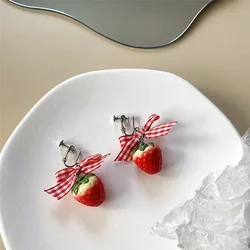 Korean Resin Strawberry Bowknot Clip on Earrings No Piercing for Women Food Simulated Fruit Cup Cake Ear Clips Earrings Jewelry