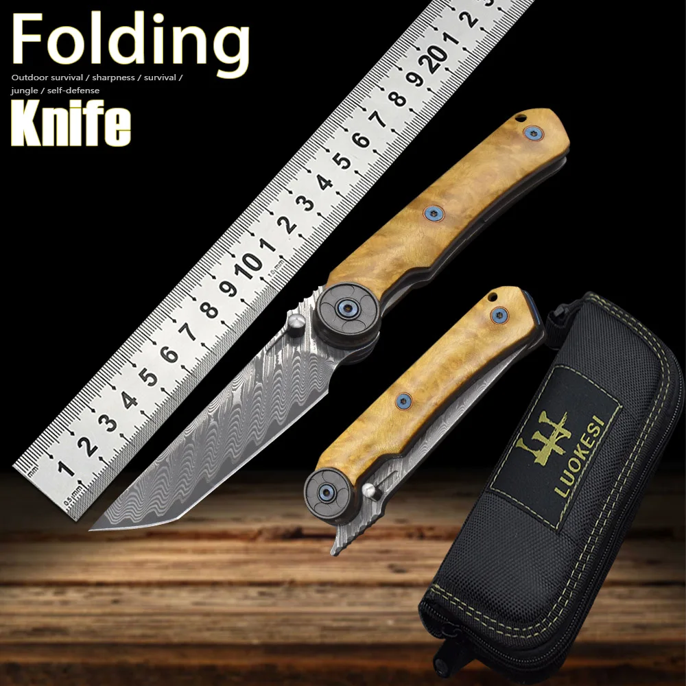 Cuchillo con mango de madera de alcanfor de acero damasco VG10 con Clip trasero, herramientas portátiles plegables para acampar al aire libre y pescar, regalos para coleccionar EDC