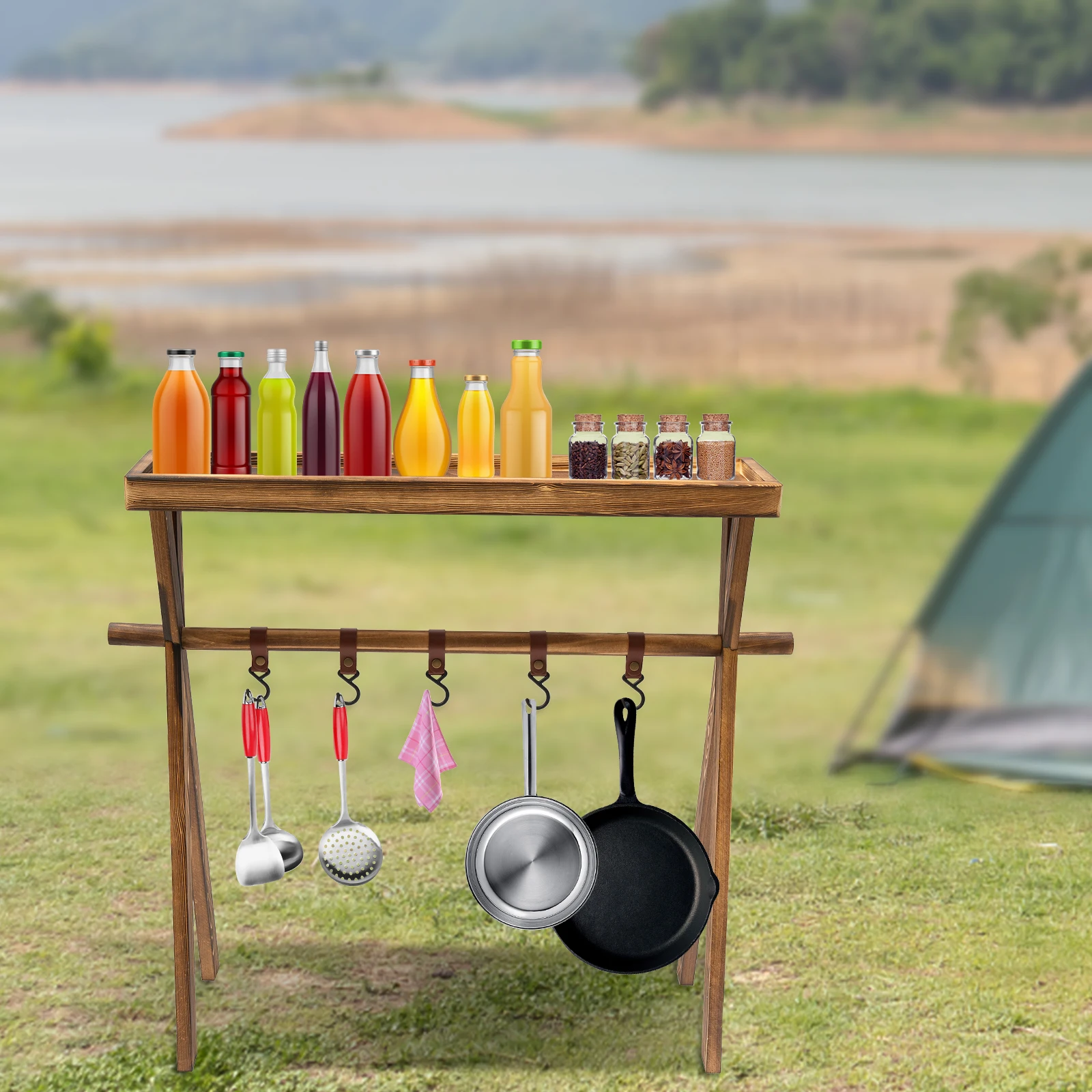 

Деревянная складная стойка для стола для пикника, защита от износа процесса горения угля, устойчивые приподнятые направляющие для пеших прогулок/рыбалки/семейных встреч