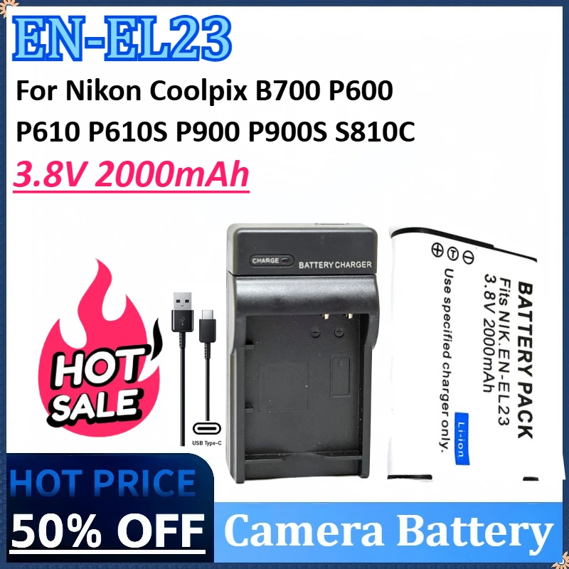 

3.8V 2000mAh EN-EL23 ENEL23 EN EL23 Camera Battery +USB Type-C Charger for Nikon Coolpix B700 P600 P610 P610S P900 P900S S810C
