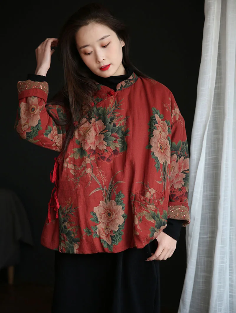 빈티지 코튼 프린트 느슨한 편안한 짧은 얇은 퀼트 자켓 여성 사이드 오픈 디스크 버클 캐주얼 소프트 중국어 Hanfu