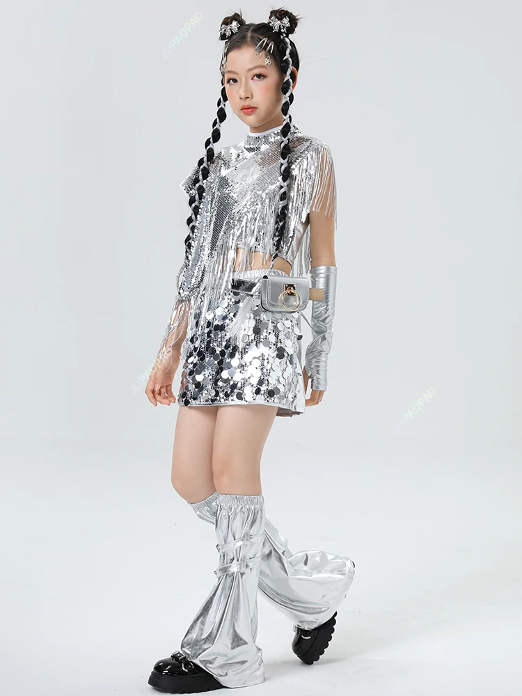 Children\'s Jazz Dance Performance Costume Silver Sequin Dance Costume Girl\'s Stage Hip-hop Runway Performance Costume Kids