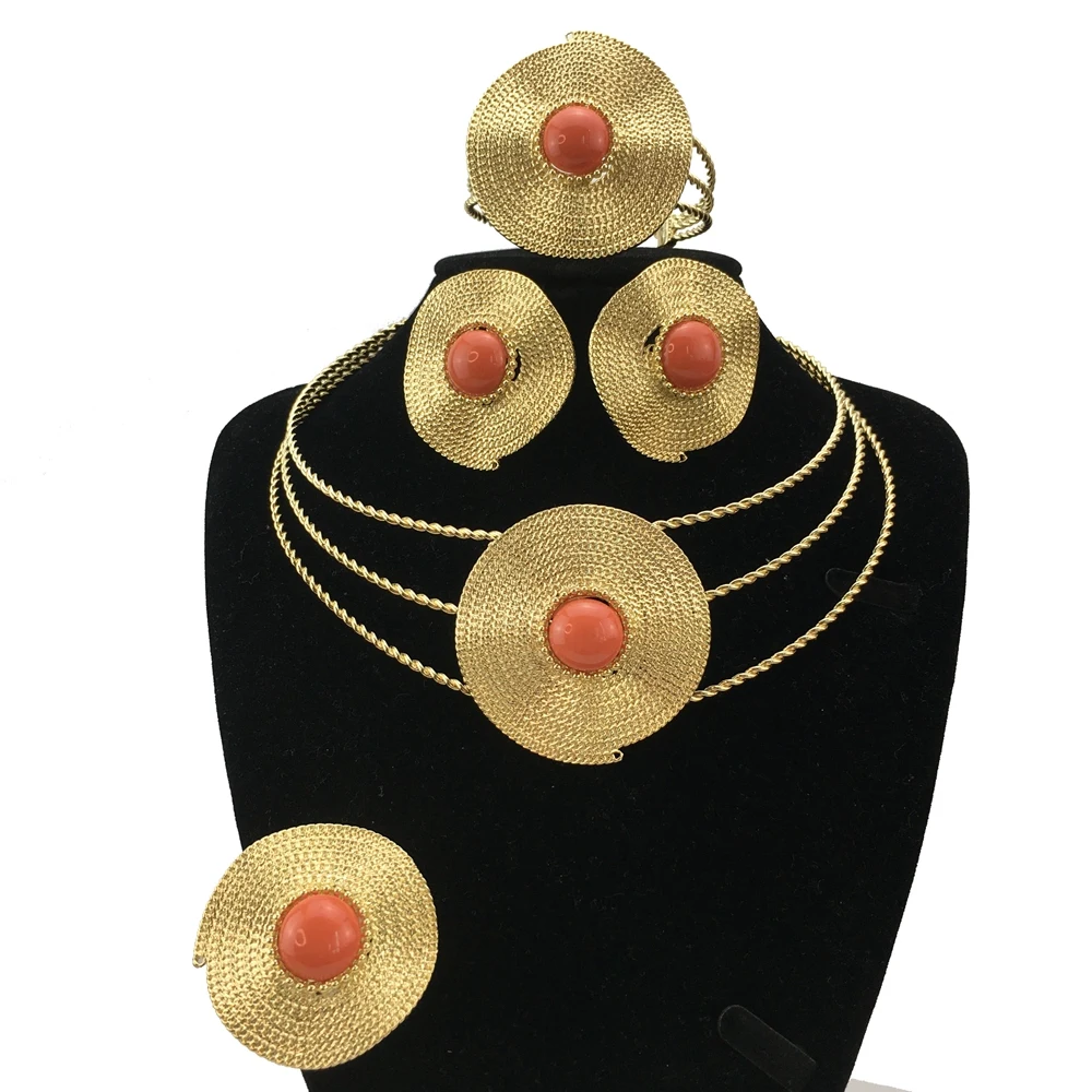 

Dubai Gold-color Necklace Bracelet Ring Earrings Full Set Latest Fashion Woman Jewelry Set FHK18512