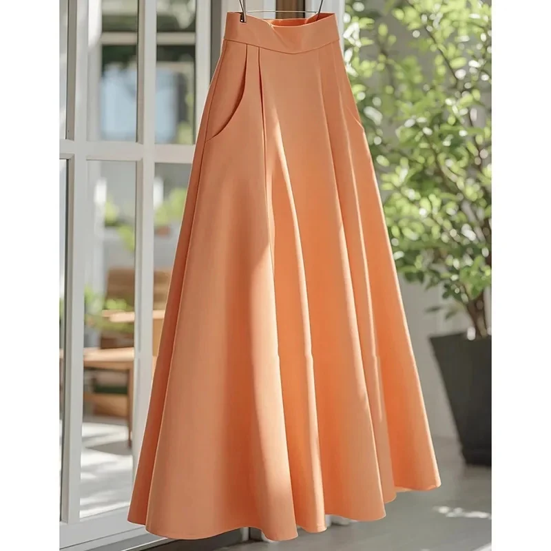 2025 French Femme Fashion Thin Maxi Skirt Summer Ladies High Waist Solid Color Long Skirts High-end Women Leisure Long Skirts