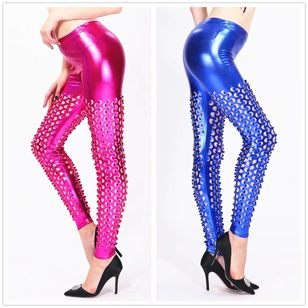 

Punk Gothic Pants Women's Shiny Sequin Hollow Leggings Sexy High Waist Peach Hips Trousers Fitness Gym Stretchy Rock Jeggings