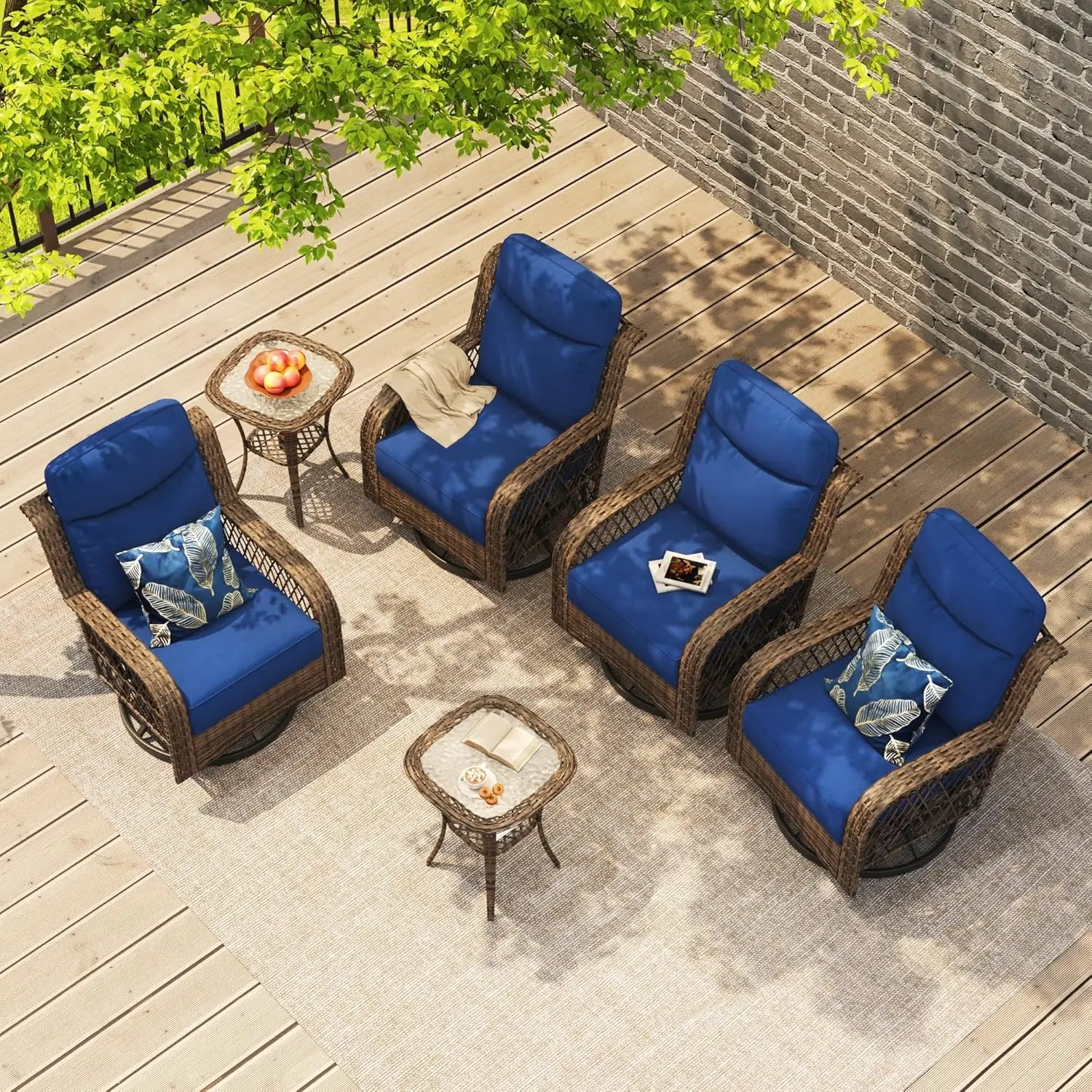 

Outdoor Rocking Chairs Set Of 6 Wicker Swivel Chair Patio Furniture Set With Rattan Coffee Table, Gliding Bistro, Customized