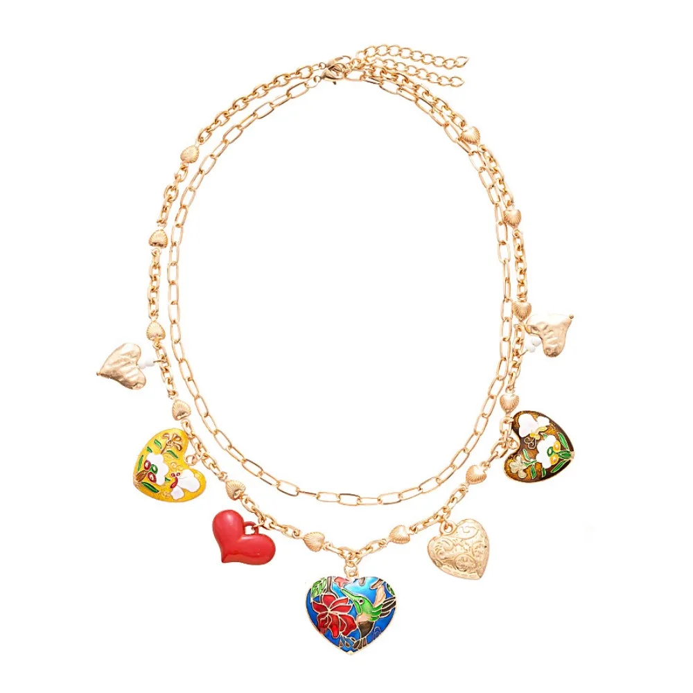 

Heart-shaped Big Heart Pendant Necklace Dripping Oil Flower Double Layer Necklace Temperament Gold Clavicle Chain Girls