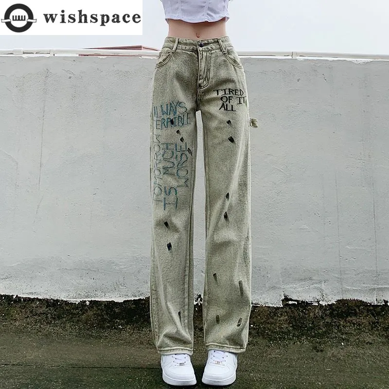 New American Embroidered Spicy Ink Spicy Girl Jeans Women's High Waist Slim Trend Versatile Loose Straight Leg Wide Leg Pants