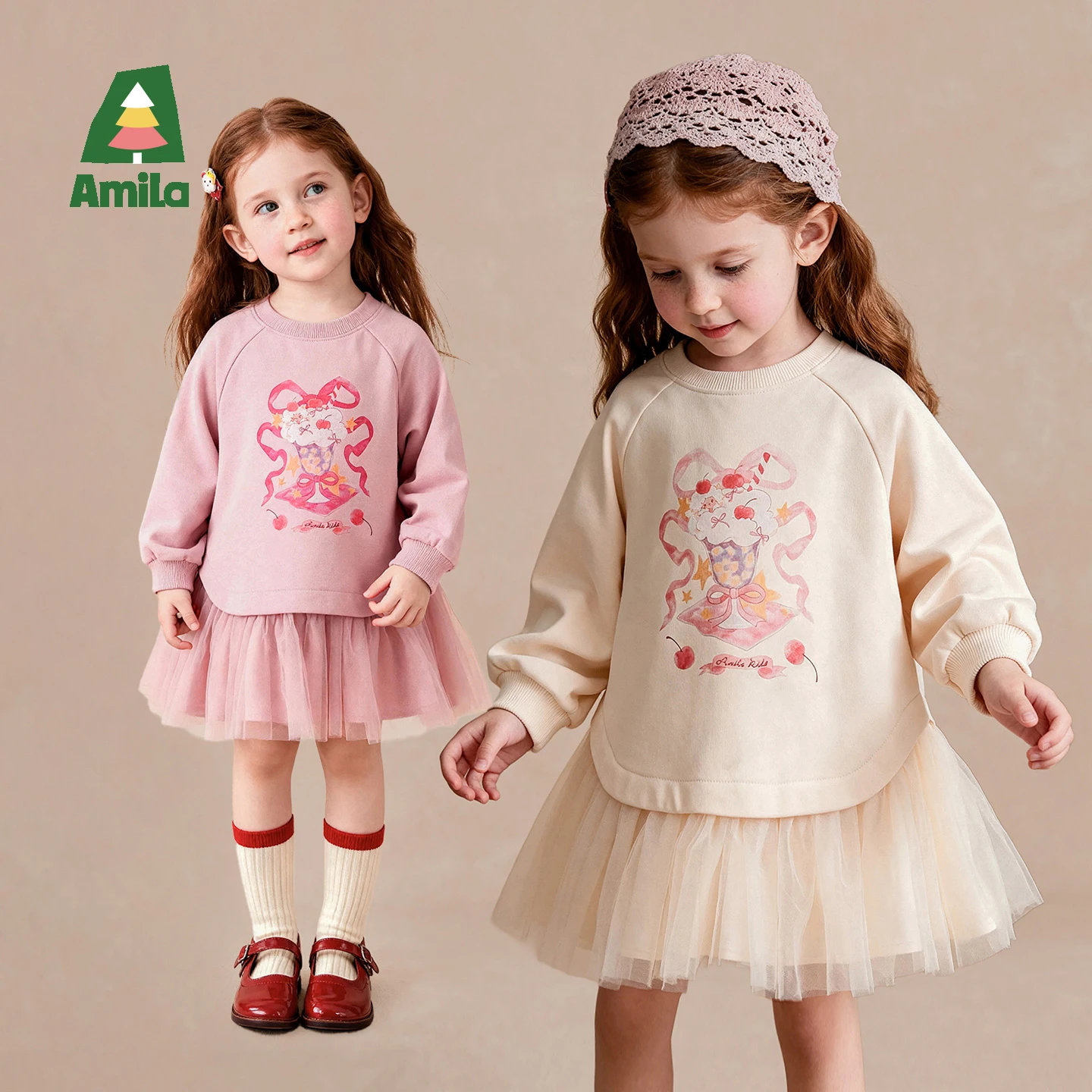 Amila 2026 Autumn New Kids Girls Mesh Splice Dress Cute Ice Cream Big Pattern Sweet Lovely Princess Party Dress