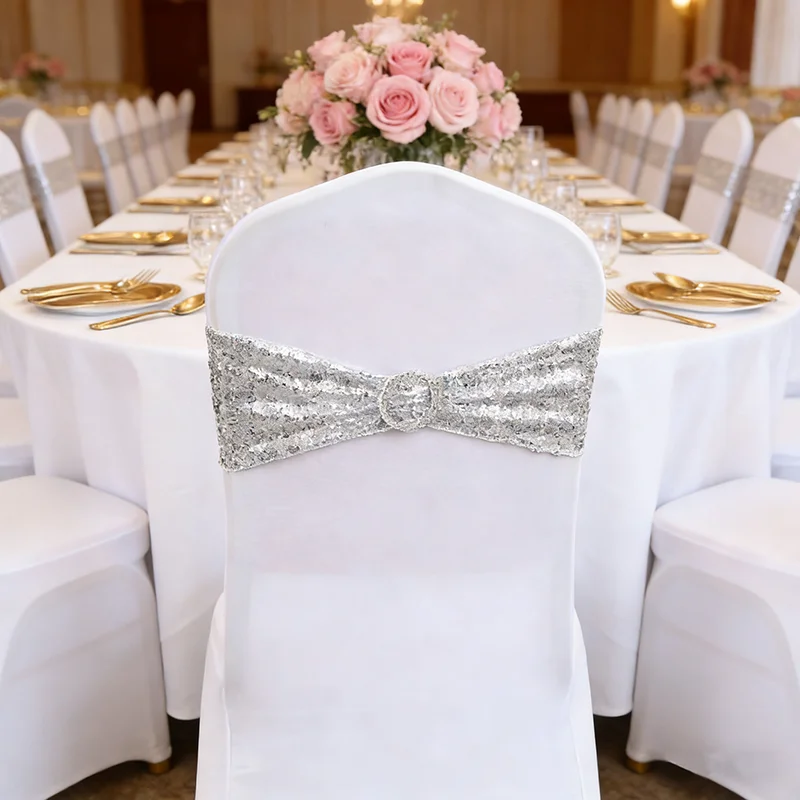 4/6/12/50/100 Pcs Chair Sashes Glitter Sequin Tie Spandex Knot Back Elastic Belt Bow For Hotel Banquet Wedding Party Event Decor