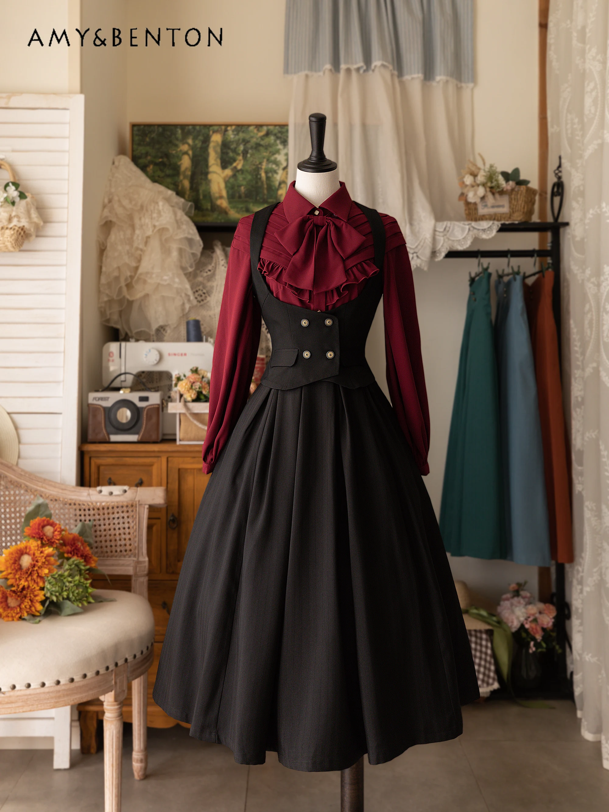 Saia retrô britânica de cintura alta feminina, graciosa saia lolita, saia midi-panturrilha fina, elegante e clássica, diária, primavera, todos os