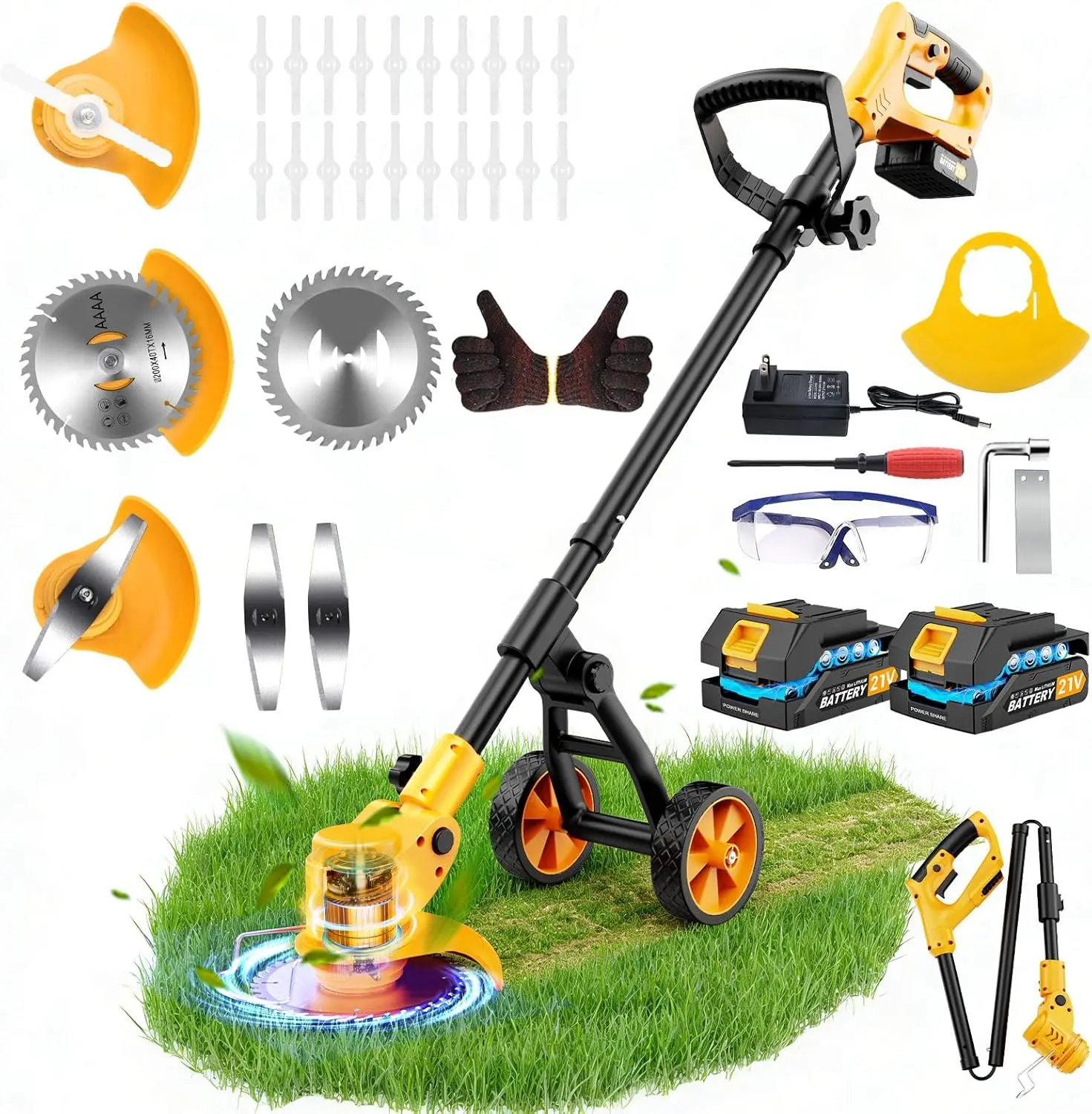 

Беспроводной электрический триммер для травы на колесах, 4-в-1: кусторез, газонокосилка, кромкорез, 2 аккумулятора